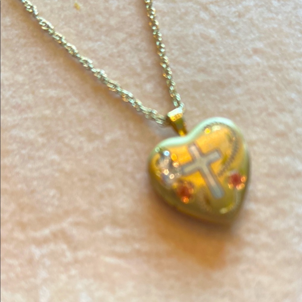 14K Gold Filled Heart Cross Pendant Locket Necklace with Etched Cross.